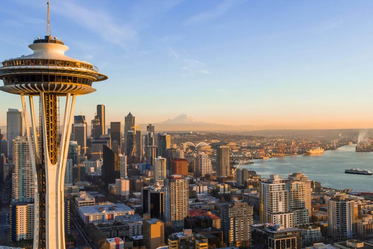 The Space Needle above the Seattle skyline